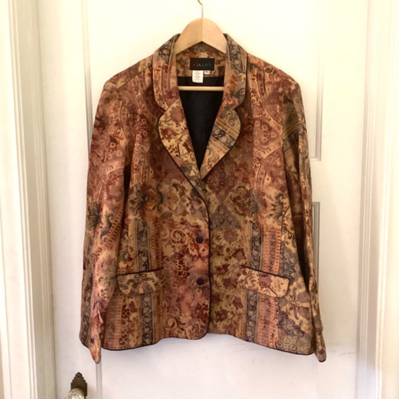 A La Carte Tapestry Blazer XL Mixed Print Gold Brown Scalloped Notched Collar - Picture 11 of 11